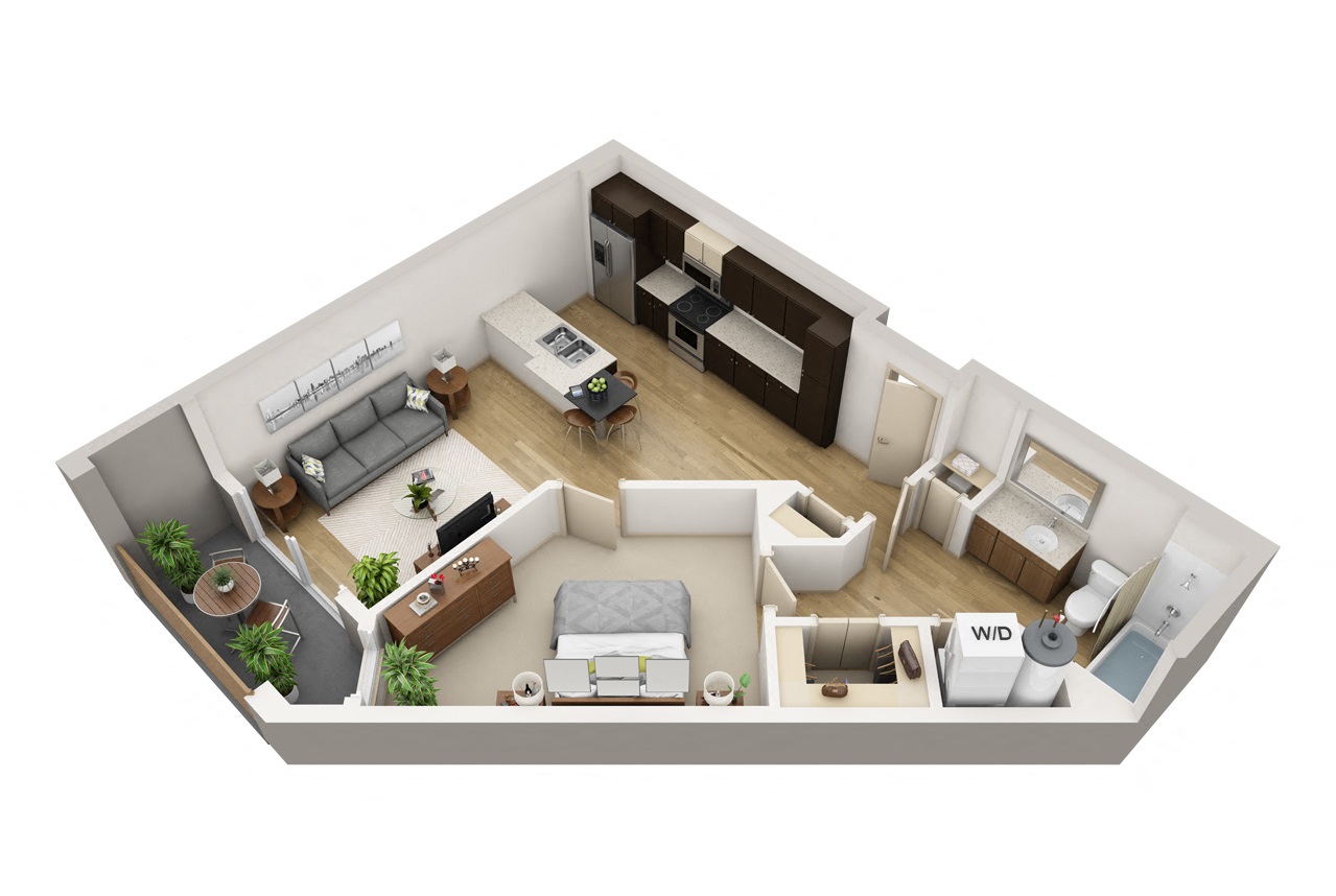 Floor plan for 1 bed, 1 bath, 714 sqft